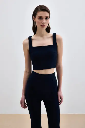 Square Neck Crop Top - Navy-Navy - 4