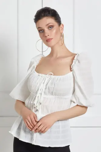 Square Neck Half Sleeve Ruffled Blouse with Front and Back Décolleté-White 