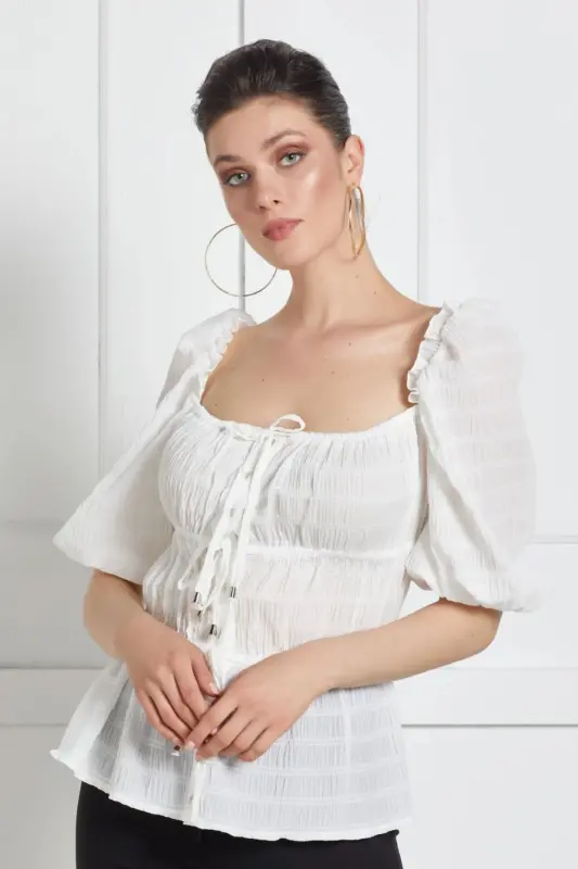 Square Neck Half Sleeve Ruffled Blouse with Front and Back Décolleté-White - SERPİL