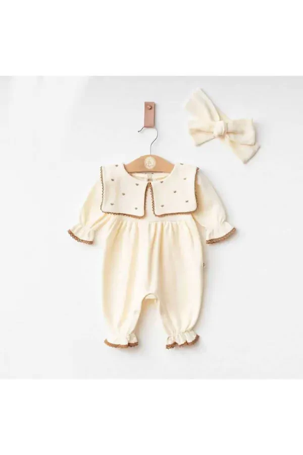 Square Neck Heart Detail Baby Collar %100 Cotton Girl Baby Romper & Bandana Set - 3