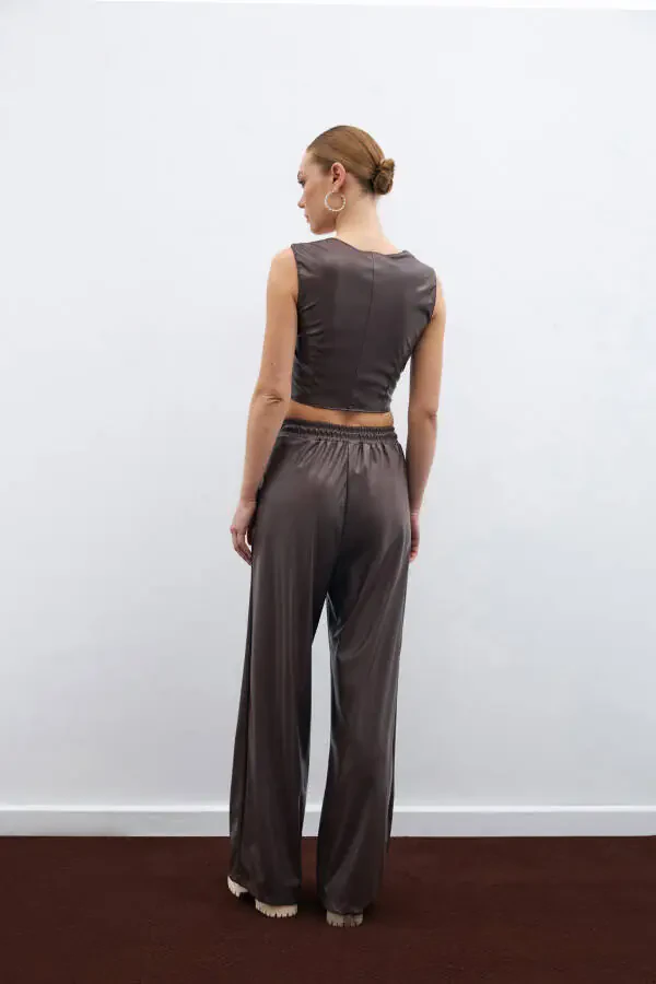 Square Neck Leather Crop Top - Dark Brown - 5