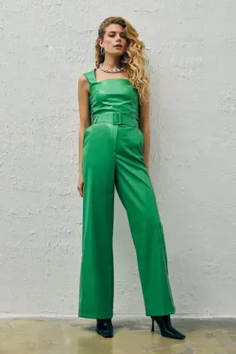 Square Neck Leather Crop Top - Green - 4