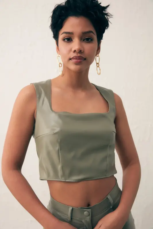 Square Neck Leather Crop Top - Pistachio Green-PISTACHIO GREEN - 1