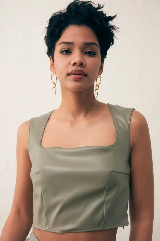 Square Neck Leather Crop Top - Pistachio Green-PISTACHIO GREEN - 2