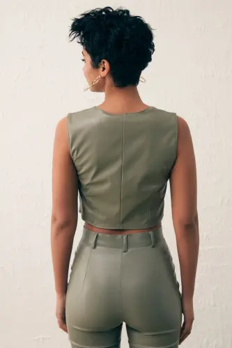 Square Neck Leather Crop Top - Pistachio Green-PISTACHIO GREEN - 6