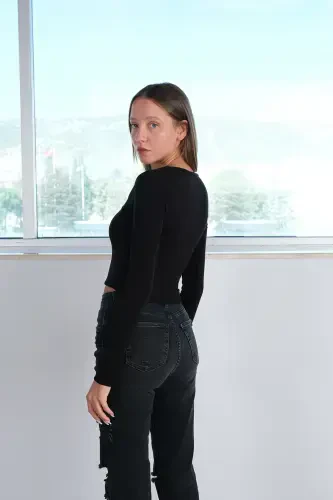 Square Neck Long Sleeve Basic Crop Blouse B3713-j1-Black - 4