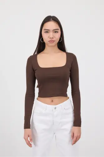 Square Neck Long Sleeve Basic Crop Blouse B3713-J1-Coffee - 1