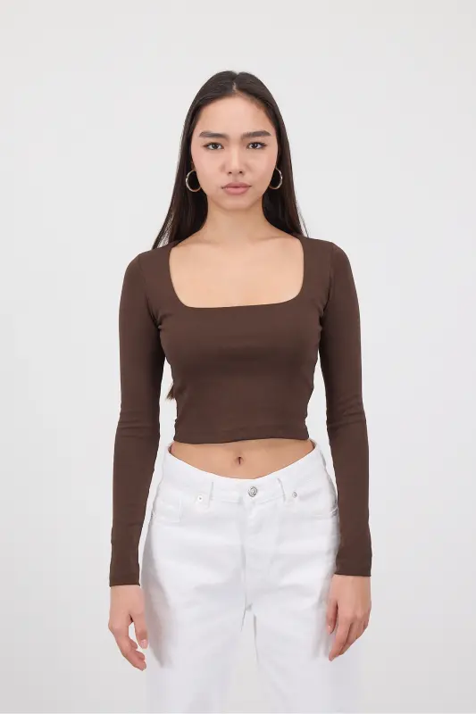 Square Neck Long Sleeve Basic Crop Blouse B3713-J1-Coffee - 1