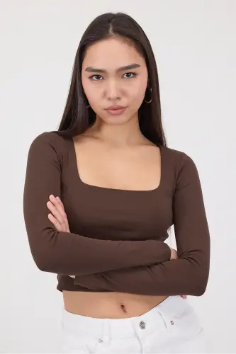 Square Neck Long Sleeve Basic Crop Blouse B3713-J1-Coffee - ADDAX (1)