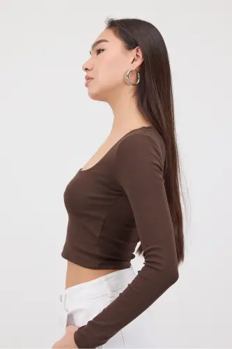 Square Neck Long Sleeve Basic Crop Blouse B3713-J1-Coffee - 3