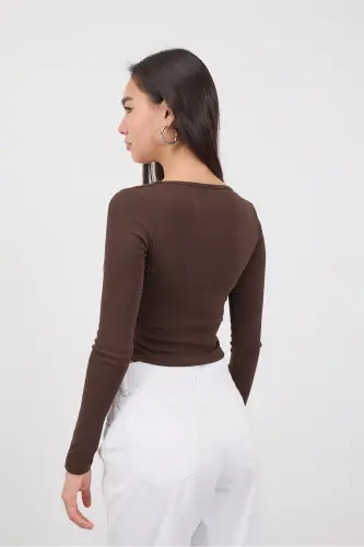 Square Neck Long Sleeve Basic Crop Blouse B3713-J1-Coffee - 4