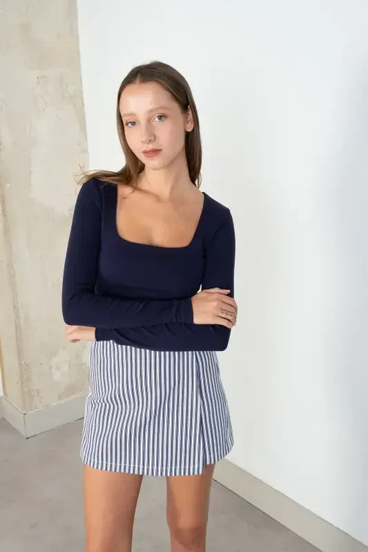 Square Neck Long Sleeve Basic Crop Blouse B3713-j1-Navy Blue - 3