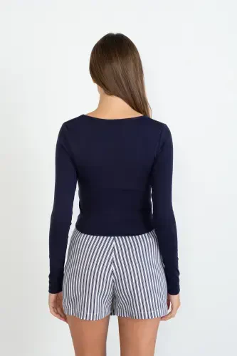 Square Neck Long Sleeve Basic Crop Blouse B3713-j1-Navy Blue - 4