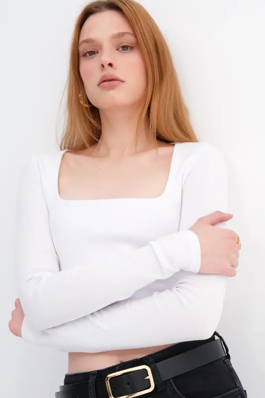 Square Neck Long Sleeve Basic Crop Top B3713-j1-White - 2