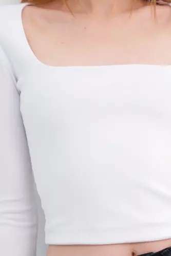 Square Neck Long Sleeve Basic Crop Top B3713-j1-White - 3