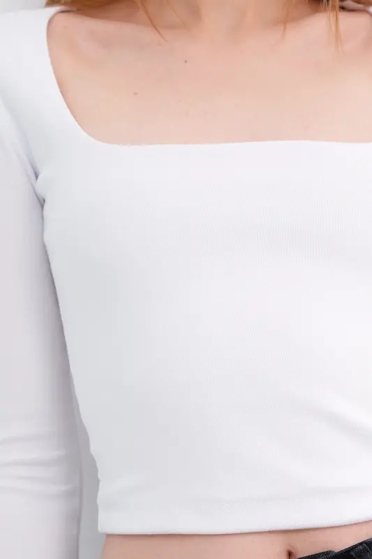 Square Neck Long Sleeve Basic Crop Top B3713-j1-White - 3