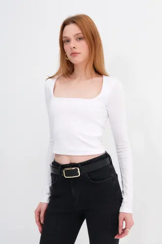 Square Neck Long Sleeve Basic Crop Top B3713-j1-White - 4