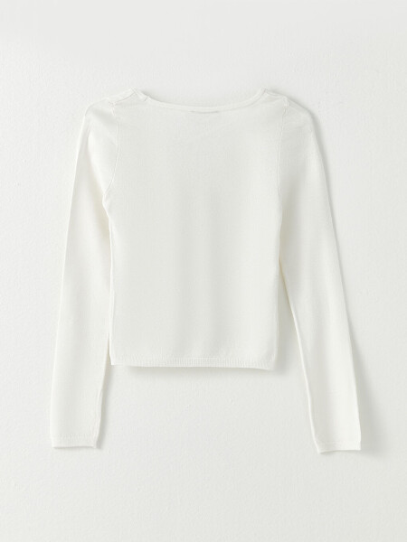 Square Neck Plain Long Sleeve Crop Women's Knit Sweater - 14