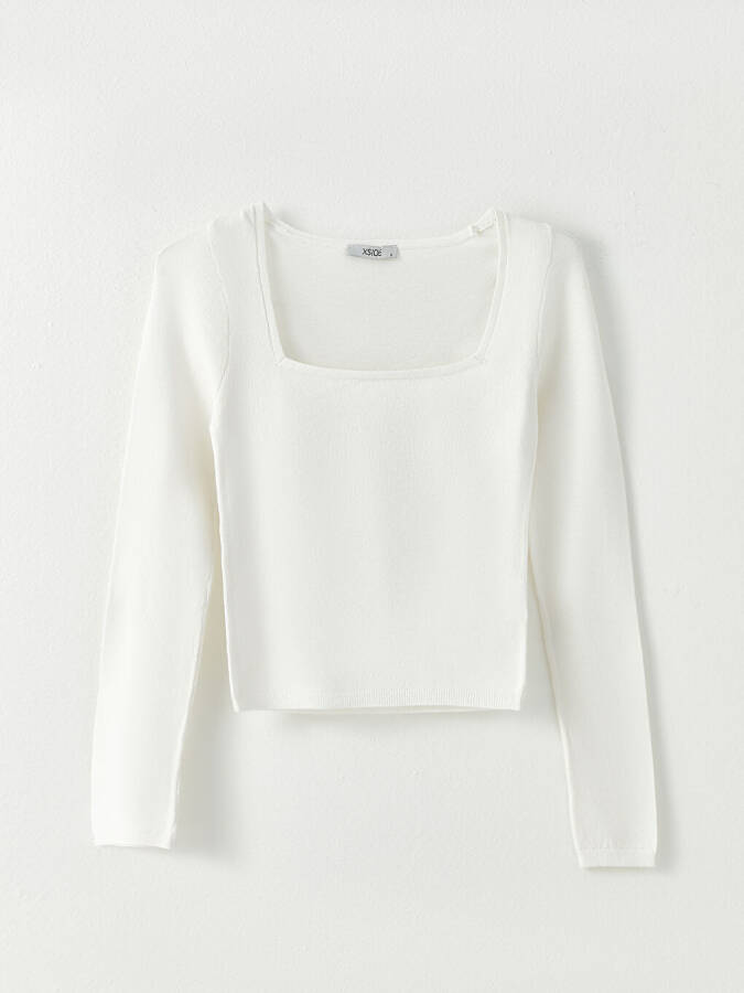 Square Neck Plain Long Sleeve Crop Women's Knit Sweater - 6