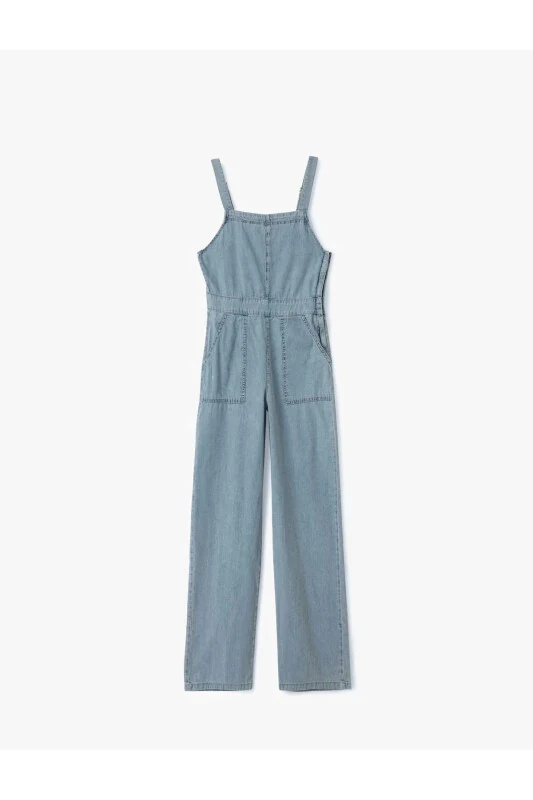 Square Neck Pocketed Stitched Detail Sleeveless Denim Jumpsuit - 1