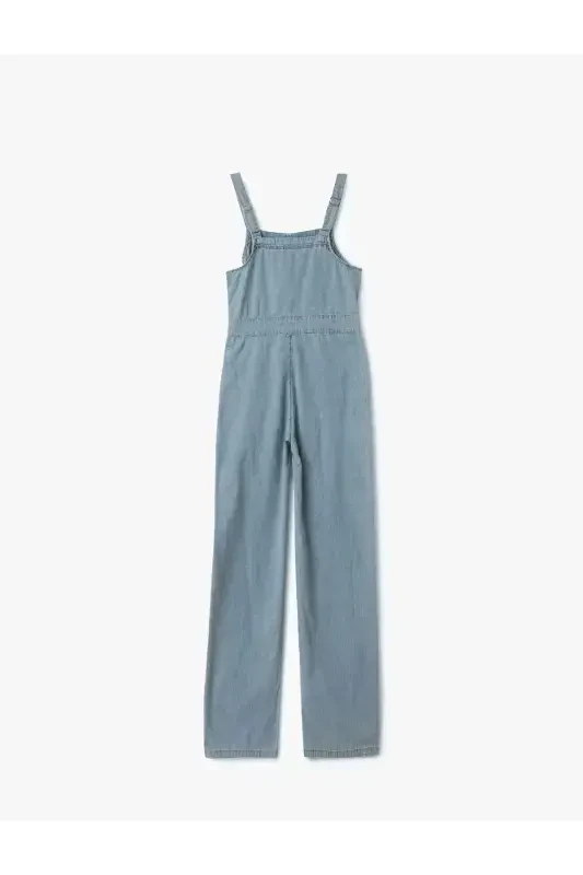 Square Neck Pocketed Stitched Detail Sleeveless Denim Jumpsuit - 2