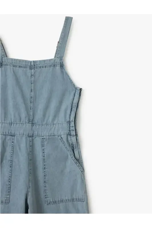 Square Neck Pocketed Stitched Detail Sleeveless Denim Jumpsuit - 3