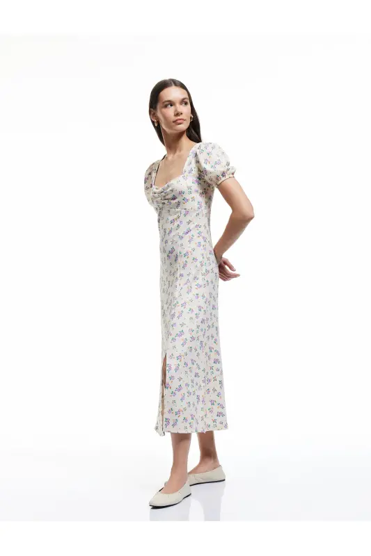 Square Neck Ruched A-Line Balloon Sleeve Floral Slit Midi Dress Seersucker - 2