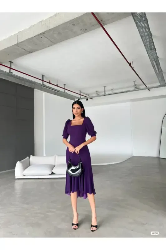 Square Neck Ruffle Detail Midi Dress-Purple - 1