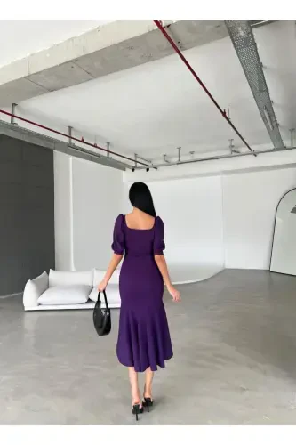 Square Neck Ruffle Detail Midi Dress-Purple - MASSPERA (1)