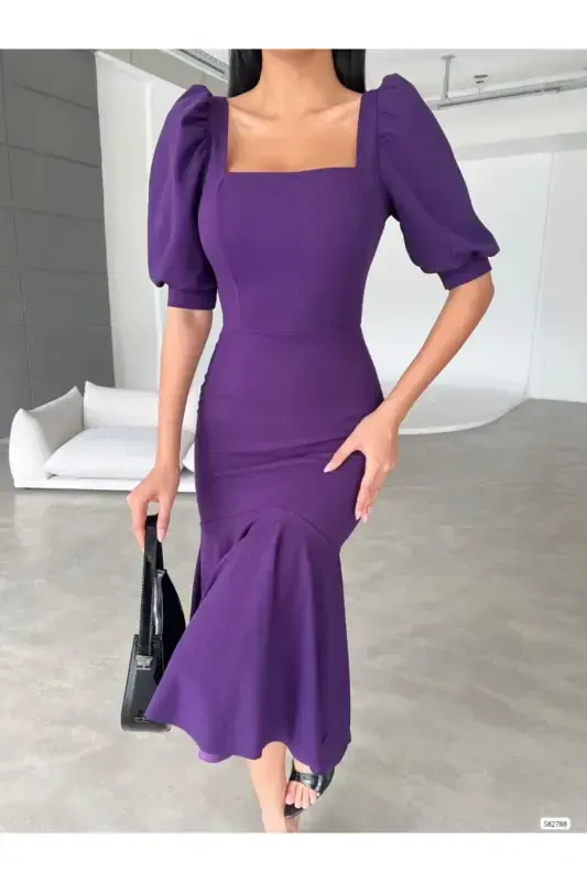 Square Neck Ruffle Detail Midi Dress-Purple - 3