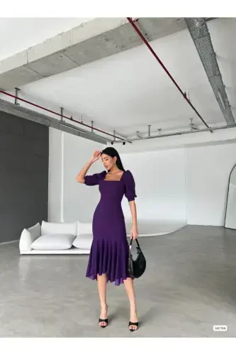 Square Neck Ruffle Detail Midi Dress-Purple - 4