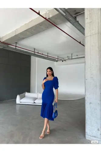 Square Neck Ruffle Detail Midi Dress-Sapphire Blue - 5