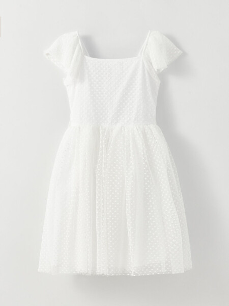 Square Neck Self-Patterned Short-Sleeved Girl's Dress - 4