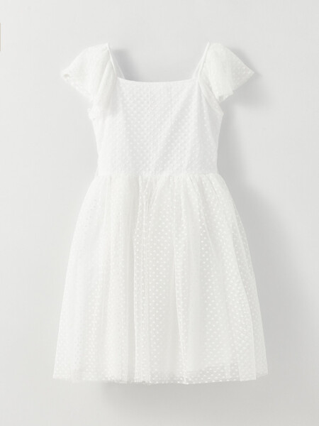 Square Neck Self-Patterned Short-Sleeved Girl's Dress - 9