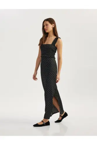 Square Neck Slit Detailed Thick Strap Smocked Polka Dot Midi Dress Seersucker - 1