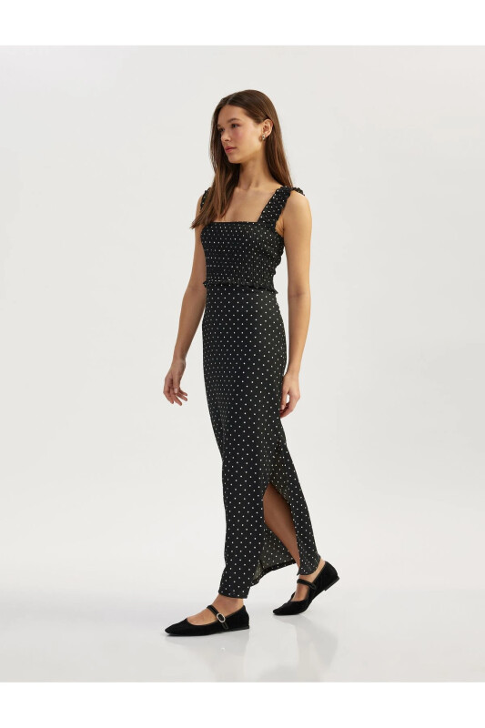 Square Neck Slit Detailed Thick Strap Smocked Polka Dot Midi Dress Seersucker - Koton
