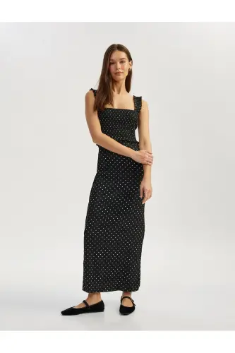 Square Neck Slit Detailed Thick Strap Smocked Polka Dot Midi Dress Seersucker - 2