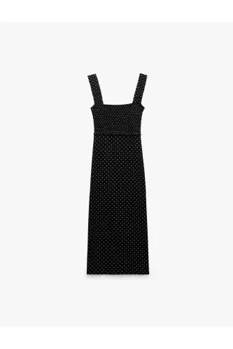 Square Neck Slit Detailed Thick Strap Smocked Polka Dot Midi Dress Seersucker - 3