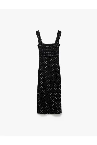 Square Neck Slit Detailed Thick Strap Smocked Polka Dot Midi Dress Seersucker - 4
