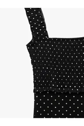 Square Neck Slit Detailed Thick Strap Smocked Polka Dot Midi Dress Seersucker - 5
