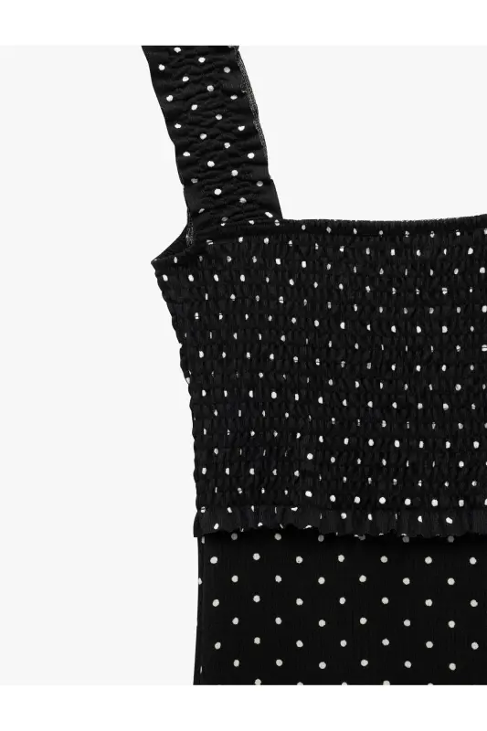 Square Neck Slit Detailed Thick Strap Smocked Polka Dot Midi Dress Seersucker - 5