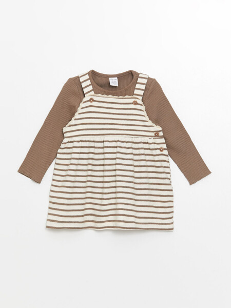 Square Neck Striped Baby Girl Dress and T-Shirt 2 Piece Set - 1