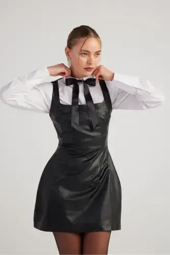 Square Neck Vegan Leather Larissa Dress Black-Black - 3