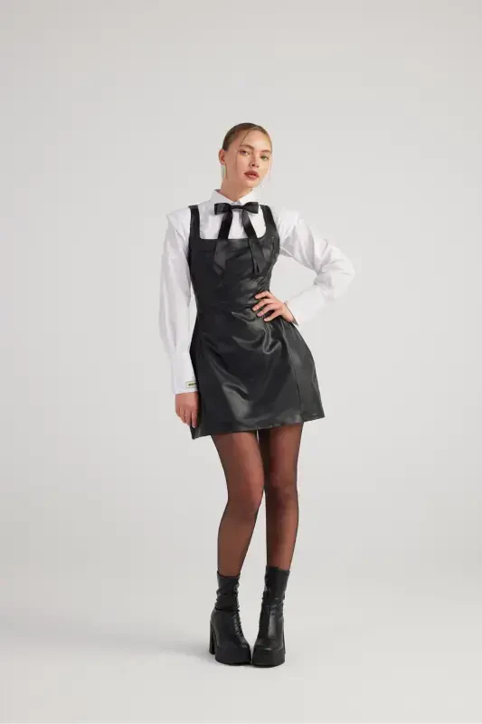 Square Neck Vegan Leather Larissa Dress Black-Black - 4