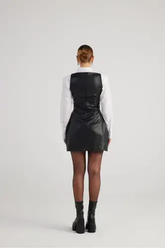 Square Neck Vegan Leather Larissa Dress Black-Black - 5