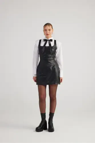 Square Neck Vegan Leather Larissa Dress Black-Black - 7