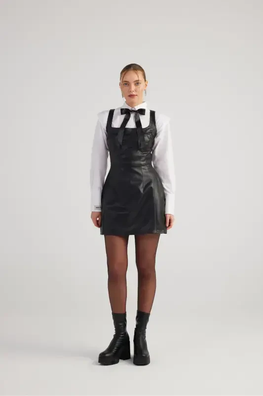 Square Neck Vegan Leather Larissa Dress Black-Black - 7