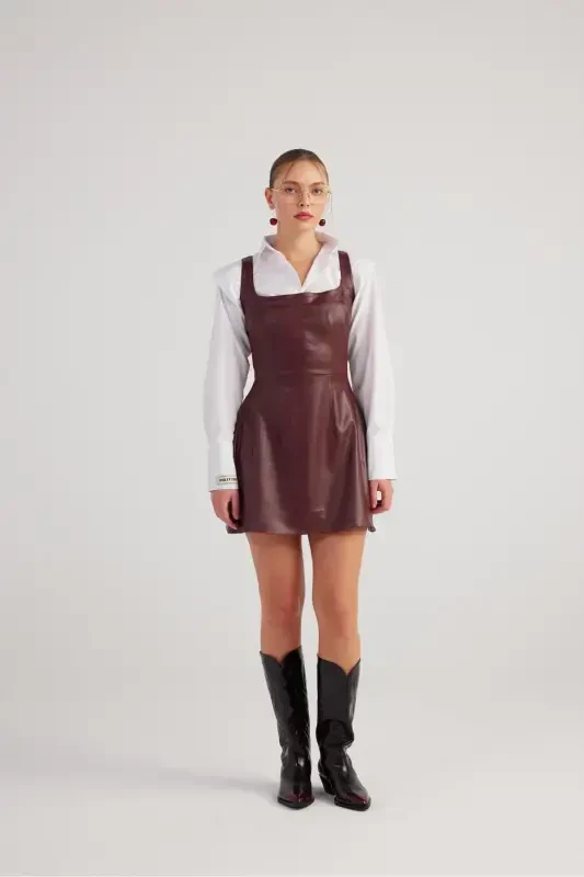 Square Neck Vegan Leather Larissa Dress Burgundy-Burgundy - 2