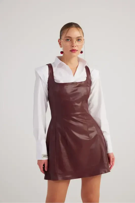 Square Neck Vegan Leather Larissa Dress Burgundy-Burgundy - 7