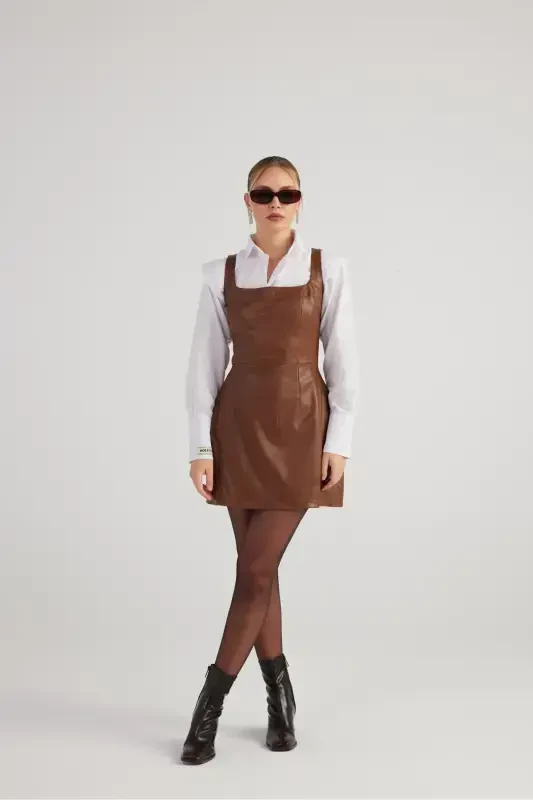 Square Neck Vegan Leather Larissa Dress Coffee-Coffee - 2